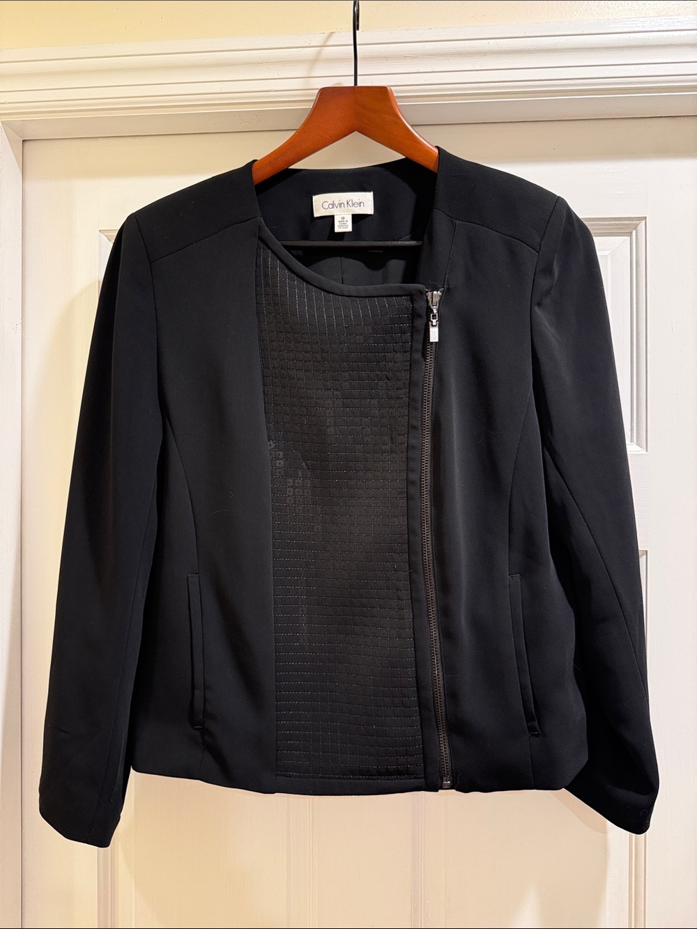 Classy Calvin Klein Black Women's Zip-Front subtle-shimmer front panel Jacket